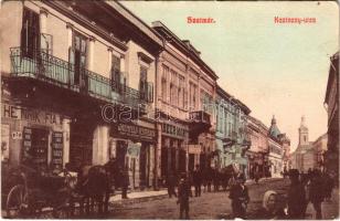 1908 Szatmárnémeti, Satu Mare; Kazinczy utca, Grünfeld Testvérek, Beer Mór üzlete. Cseplák Bálintné kiadása / street view, shops (EK)