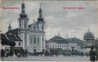 1908 Marosvásárhely, Targu Mures; Széchenyi tér, Bodor kút, Rösszel, Schuster Ödön, Lukács János, Benkő Elek és Petelei János üzlete, gyógyszertár. Révész Béla kiadása / square, shops, pharmacy (EK)