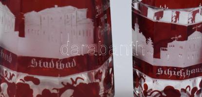 Teplitz Felvidék emlék üveg XIX. sz közepe. Csiszolt, kézzel festett, az épületek képeivel feliratos...