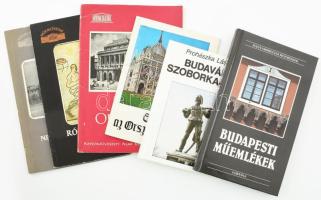 6 db Budapesttel kapcsolatos könyv és ismertető kiadvány: Dercsényi Balázs: Budapesti műemlékek.; Prohászka László: Budavári szoborkalauz.; Hannig Miklós: Séta az országházban.; Műemlékeink sorozat 3 kötete: Az Operaház; Római fürdők Budán; A Magyar Nemzeti Galéria palotája. Vegyes állapotban.