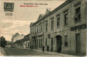 1919 Vágújhely, Waag-Neustadt, Nové Mesto nad Váhom; Horn Ede utca és emléktábla. Horovitz Adolf kiadása / street view, commemorative plaque (EB)