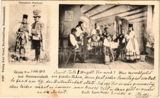 1902 Nagyszeben, Hermannstadt, Sibiu; Sächsisches Brautpaar und Bauernstube / Erdélyi szász házaspár és vendéglő. Karl Graef / Transylvanian Saxon restaurant and married couple, folklore (EK)