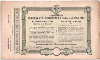 Székelyudvarhely 1894. &quot;Héjasfalva-Székelyudvarhelyi H.É.V. (Székely-vasút) Részvénytársaság&quot; elsőbbségi részvénye 100Ft-ról, szelvényekkel, szárazpecséttel T:VF nagyobb szakadás ragasztva Hungary / Székelyudvarhely (Odorheiu Secuiesc) 1894. &quot;Héjasfalva-Székelyudvarhelyi H.É.V. (Székely-vasút) Részvénytársaság&quot; priority share about 100 Forint, with coupons, embossed stamp C:VF bigger sticked tear