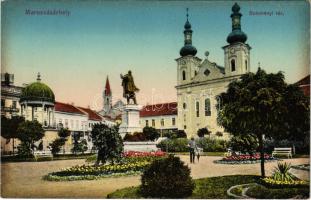 Marosvásárhely, Targu Mures; Széchenyi tér, templom, Bodor kút, Takarékpénztár, Pesti Biztosító Intézet. Porjes S. Sándor kiadása / square, church, well, savings bank, insurance company