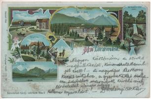 1899 (Vorläufer) Alsótátrafüred, Tátrafüred, Unter-Schmecks, Dolny Smokovec (Tátra, Magas Tátra, Vysoké Tatry); Badehaus, Bad Unter-Schmecks, Kohlbacher Wasserfall, Direction, Csorber See / Fürdőház, Tarpataki vízesés, Igazgatóság, Csorba-tó / spa, bath, waterfall, directorate, lake. Kunstanstalt Karl Schwidernoch No. 3731. Art Nouveau, floral, litho (EB)