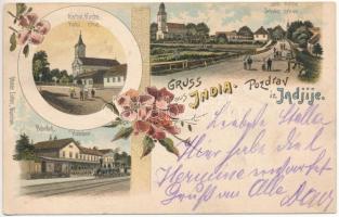 1904 India, Indija; Kathol. Kirche, Serb. Kirche, Bahnhof / Katol. crkva, Srbska crkva, Kolodvor / Római katolikus templom, Szerb ortodox templom, Vasútállomás, gőzmozdony / Catholic church, Serbian Orthodox church, railway station, locomotive. Ottmar Zieher Art Nouveau, floral, litho