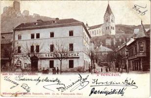 1900 Trencsén, Trencín; vár, templom, Café de Ville városi kávéház. Szold Henrik műintézet kiadása / castle, church, café (EK)