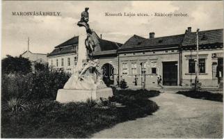 Marosvásárhely, Targu Mures; Kossuth Lajos utca, Rákóczi szobor, üzletek. Porjes S. Sándor kiadása / street, monument, shops