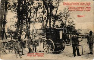 1913 Pöstyén, Piestany; Infanterista várja a fürdőből lakására menendő fürdővendéget. Gipsz H. kiadása / Infanterist / spa carriage. Start! (kopott sarkak / worn corners)