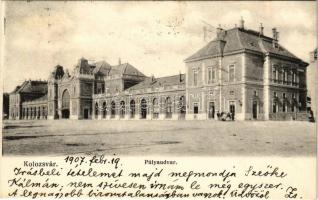 1907 Kolozsvár, Cluj; pályaudvar, vasútállomás. Schuster Emil kiadása / railway station