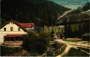 1913 Körmöcbánya, Kremnitz, Kremnica; Zólyomvölgy, Ferenc József nyaraló, vasút, gőzmozdony. Ritter Sándor kiadása / valley, villa, locomotive, railway tunnel (r)