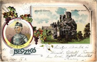 1901 Beckó, Beczkó, Beckov; Várrom, Stiborici Stibor (1347-1414) ispán / hrad, Stibor zo Stiboríc / castle ruins, count. Brück Samu Art Nouveau, floral, litho (EK)