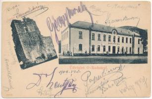 1906 Óradna, Alt-Rodna, Radna veche, Rodna; állami elemi iskola, templom romok 1200-ból / school, church ruins (fa)