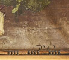 Olvashatatlan jelzéssel: Csendélet. Olaj, vászon. Javított, sérült. Dekoratív, sérült fakeretben. 49...