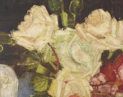 Olvashatatlan jelzéssel: Csendélet. Olaj, vászon. Javított, sérült. Dekoratív, sérült fakeretben. 49...