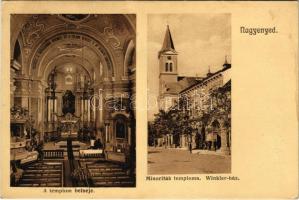 1910 Nagyenyed, Aiud; Minoriták temploma, belső, Winkler János háza, üzlete és saját kiadása / church interior, shop (Rb)