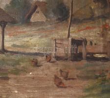 Jelzés nélkül: Virágos udvar gémeskúttal és tyúkokkal. Olaj, vászon, apró felületi sérülésekkel. Dek...
