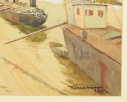 Kássa Gábor (1893-1961): Budapesti rakpart hajókkal és sétálókkal, 1941. Akvarell, papír, jelzett. D...