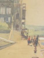 Kássa Gábor (1893-1961): Budapesti rakpart hajókkal és sétálókkal, 1941. Akvarell, papír, jelzett. D...