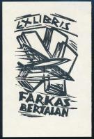 Andruskó Károly (1915-2008): Ex libris Farkas Bertalan. Linómetszet, papír, jelzett a metszeten. Hátoldalán ismeretlen személy feliratával. 8,5x5 cm