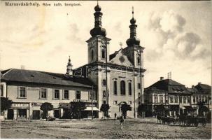 Marosvásárhely, Targu Mures; Római katolikus templom, Csiky Emil, Junger J., Kepes Adolf üzlete. Porjes S. Sándor kiadása / church, shops