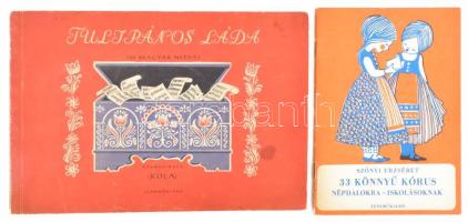 Kola József: Tulipános láda. 100 magyar népdal harmonikára. Hallgató és csárdás. Bp., 1967, Zeneműkiadó. Kiadói haránt-alakú papírkötés, kopott, kissé foltos borítóval. + Szőnyi Erzsébet: 34 könnyű kórus. Népdalokra - iskolásoknak. Bp., 1969, Zeneműkiadó. Kiadói papírkötés.