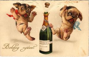 Boldog újévet! Kidurrantott pezsgős üveg ijedt kis kutyákkal / New Year greeting, frightened dogs with champagne bottle. litho