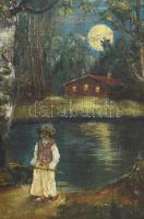 Jelzés nélkül: Holdfényben. Olaj, vászon, sérült, 74×49 cm