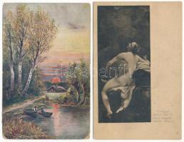 53 db RÉGI művész képeslap vegyes minőségben / 53 pre-1945 art motive postcards in mixed quality