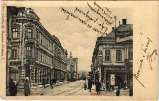 1903 Miskolc, Szemere utca, Grand Hotel Seper nagyszálloda, Mahr K., Kokály Tamás üzlete, zsinagóga, villamos. Lövy I. fia kiadása (EK)