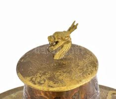 Mongol levesfőző edény. Kína, cca 1960, réz, jelzett, kopással, m: 39 cm