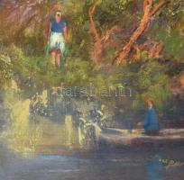 Csupor László (1914-1990): Horgász. Olaj, vászon, jelzett. Dekoratív, üvegezett fakeretben, 60×80 cm