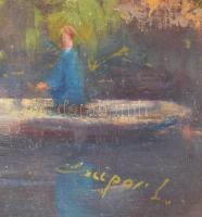 Csupor László (1914-1990): Horgász. Olaj, vászon, jelzett. Dekoratív, üvegezett fakeretben, 60×80 cm