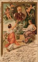 1898 (Vorläufer) Zur Erinnerung an das 50 jähr. Regierungs-Jubiläum Sr. Majestät Kaiser u. König Franz Josef I. / Ferenc József uralkodásának 50. évfordulója / 50th anniversary of Franz Joseph's reign. Art Nouveau, litho (EK)