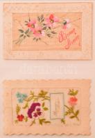 44 db RÉGI hímzett selyem üdvözlő képeslap albumban / 44 pre-1945 embroidered silk greeting postcards an album