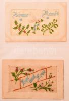 44 db RÉGI hímzett selyem üdvözlő képeslap albumban / 44 pre-1945 embroidered silk greeting postcard...