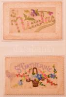 44 db RÉGI hímzett selyem üdvözlő képeslap albumban / 44 pre-1945 embroidered silk greeting postcard...