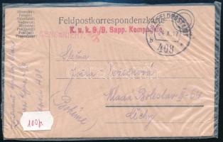 1917 Tábori posta levelezőlap "K.u.k. 9/9 Sapp. Kompagnie" + "FP 408 b"