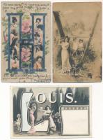 30 db RÉGI francia romantikus üdvözlő képeslap: nevek és betűk / 30 pre-1945 French romantic greetin...