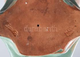 Komlós Testvérek art deco háromágú gyertyatartó, mázas kerámia, jelzett, cca 1930/40, alján pattanás...