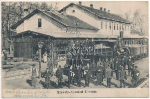 Székelykocsárd, Kocsárd, Lunca Muresului; vasútállomás, gőzmozdony, vonat, vasutasok. Adler fényirda 1910. / railway station, locomotive, train, railwaymen (EK)