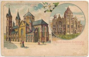 1900 Temesvár, Timisoara; Gyárváros, Római katolikus és zsidó templom, zsinagóga. Corvina könyvkereskedés kiadása / Fabrica, church and synagogue. Art Nouveau, floral, litho (EM)