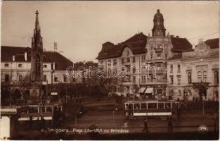 Temesvár, Timisoara; Piata Libertatii cu Primaria / Rukavina emlékmű, Fő tér, villamosok, Lang üzlete, étterem. Bela Galambos kiadása / square, monument, shops, restaurant, trams