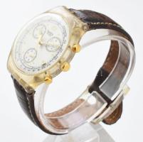 Swatch krnográfos kvarc karóra. műanyag tokkal, elemmel, működő, jó állapotban, bőr szíjjal d : 36 m...