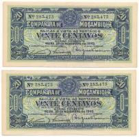 Mozambik 1933. 20c (2x) &quot;283,473, 283,475&quot; egyugrású sorszámokkal, perforációval T:UNC Mozambique 1933. 20 Centavos (2x) &quot;283,473, 283,475&quot; almost sequnetial serials, with perforation C:UNC Krause P#R29