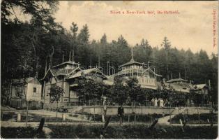 1913 Bártfa, Bártfafürdő, Bardejovské Kúpele, Bardiov, Bardejov; Nézet a New York étterem felé. Salgó Mór kiadása / restaurant