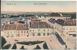 1916 Lajtabruck, Bruck an der Leitha; Kaiser Josefs-Platz / József császár tér, Josef Zimmer, Carl Ibel üzlete. Marie Huber kiadása / square, shops (EK)