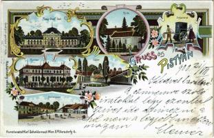 1900 Pöstyén, Pistyan, Piestany; Franz Josef Bad, Kirche, Kurhaus, Bäder, Infanterist, Kurhaus, Bäder, Herrengasse, Kur hotel/ Ferenc József fürdő, Gyógyterem, Fürdők, infanterista, fürdőkocsis, fürdő, utca / spa, bathing houses, street view, hotel, chapel, infanterist (spa carriage). Art Nouveau, floral, litho (EB)