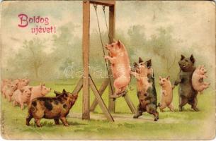 1912 Boldog újévet! Hintázó malacok / New Year greeting, pigs. litho (EB)