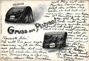 1907 Pöstyén, Pistyan, Piestany; Vor der cur, Nach der cur / A kezelés előtt a kezelés után, humoros lap pénztárcával. L. Bernas kiadása / Before and after the cure, humour with wallets